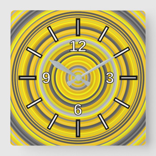 Yellow & Gray Nested Circles Pattern Square Clock (Front)