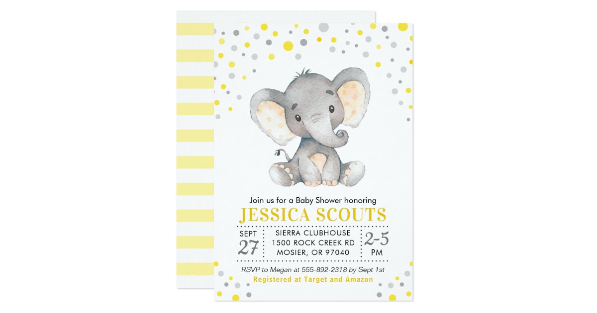 Yellow Gray Neutral Polka Dot Elephant Baby Shower Invitation