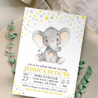 Yellow Gray Neutral Polka Dot Elephant Baby Shower Invitation