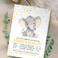 Yellow Gray Neutral Polka Dot Elephant Baby Shower Invitation