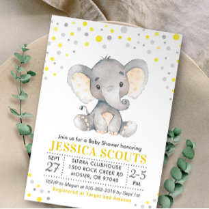 Yellow Gray Neutral Polka Dot Elephant Baby Shower Invitation