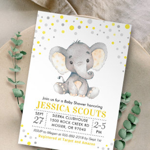 Yellow Gray Neutral Polka Dot Elephant Baby Shower Invitation