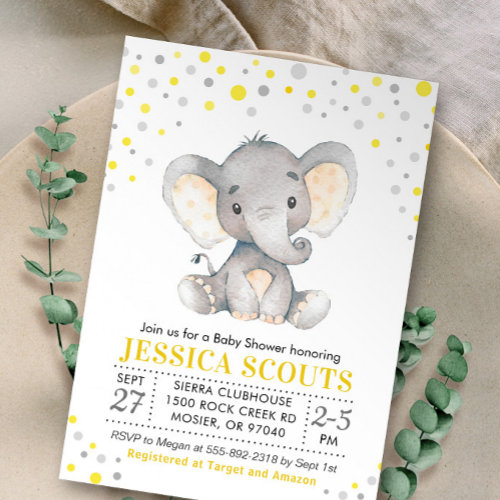 Yellow Gray Neutral Polka Dot Elephant Baby Shower