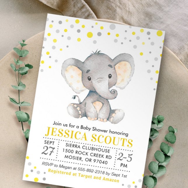 Yellow Gray Neutral Polka Dot Elephant Baby Shower Invitation (Creator Uploaded)