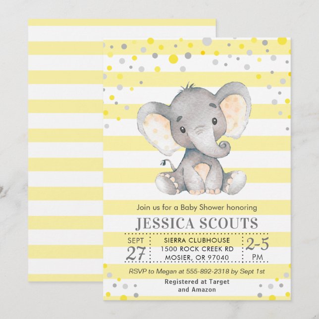 Yellow Gray Neutral Polka Dot Elephant Baby Shower Invitation (Front/Back)