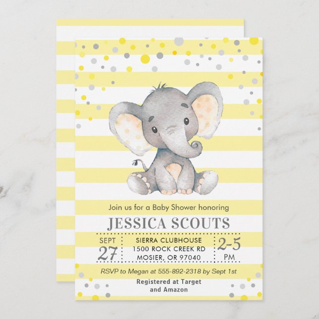 Yellow Gray Neutral Polka Dot Elephant Baby Shower Invitation (Front/Back)