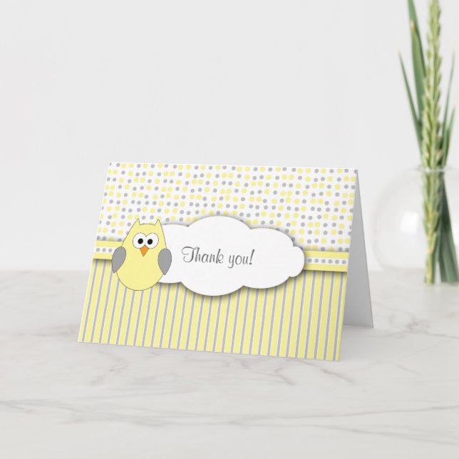 Yellow Gray Owl Mod Baby Shower Thank you note (Front)