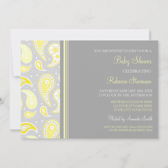 Yellow Gray Paisley Custom Baby Shower Invitations (Back)