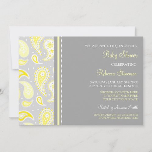 Yellow Gray Paisley Custom Baby Shower Invitations