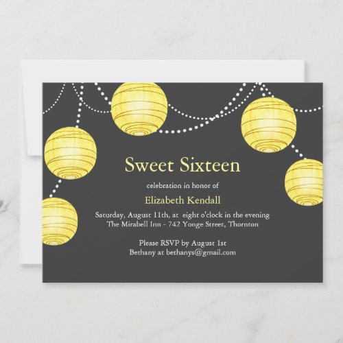 Yellow &amp; Gray Party Lantern Sweet 16 Invitation