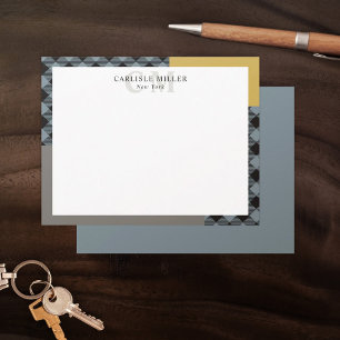 Yellow Gray Plaid Colorblock Monogram Name City Note Card