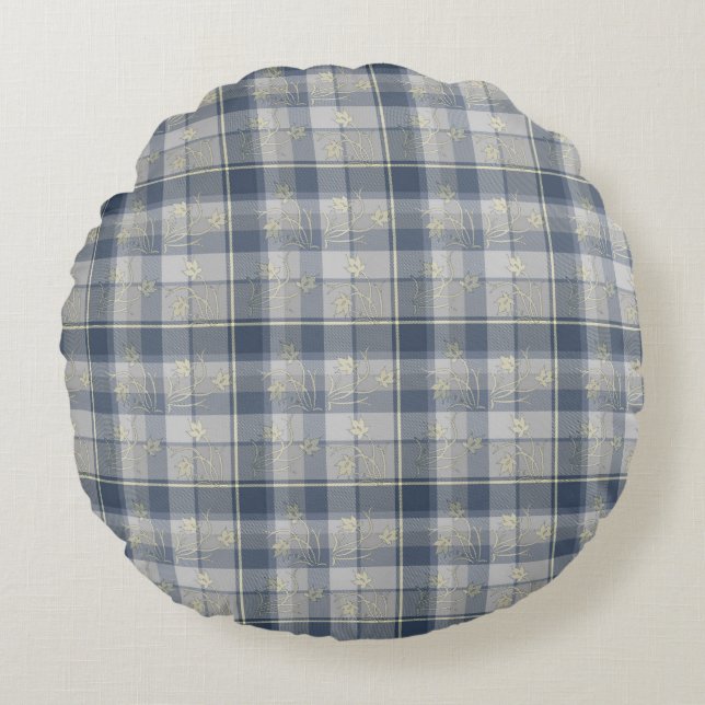 Yellow & Gray Plaid Cotton Rnd Throw Pillow (16") (Front)