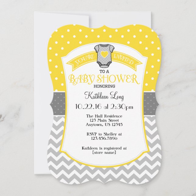 Yellow Gray Polka Dot Chevron Baby Shower Invite (Front)