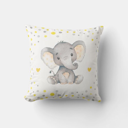 Yellow Gray Polka Dot Elephant Baby Shower Nursery Throw Pillow