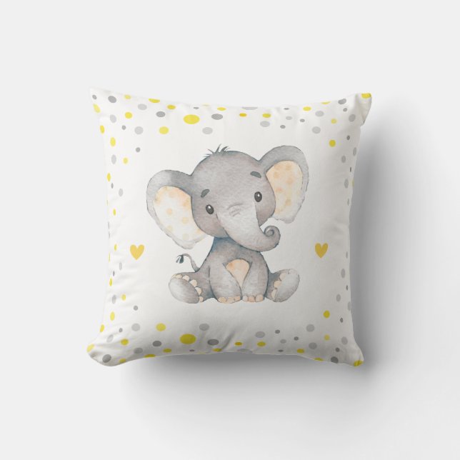Yellow Gray Polka Dot Elephant Baby Shower Nursery Throw Pillow (Front)