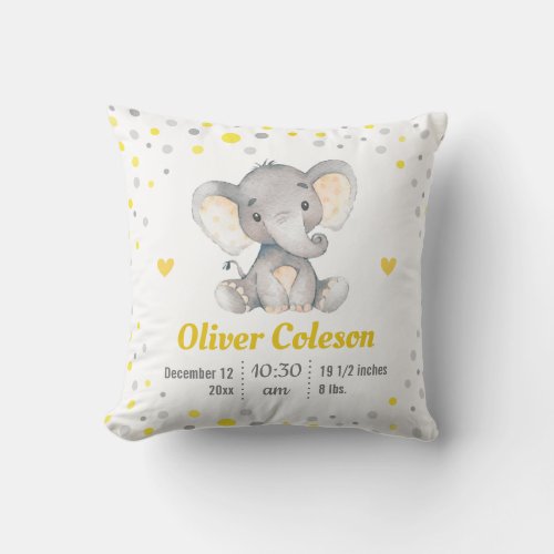 Yellow Gray Polka Dot Elephant Baby Stats Nursery Throw Pillow