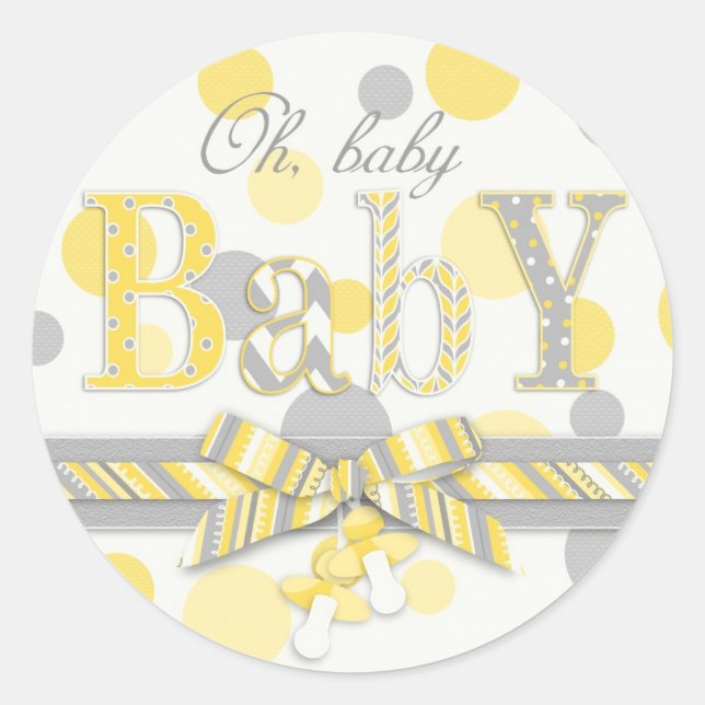 Yellow & Gray Polka Dots Baby Shower Classic Round Sticker (Front)