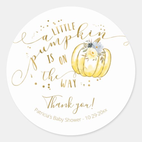 Yellow Gray Pumpkin Fall Baby Shower Thank You Classic Round Sticker