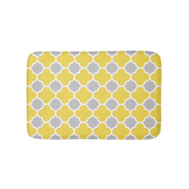 Yellow & Gray Quatrefoil Geometric Pattern Bath Mat (Front)