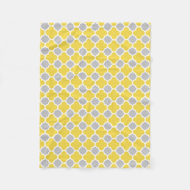 Yellow & Gray Quatrefoil Geometric Pattern Fleece Blanket (Front)