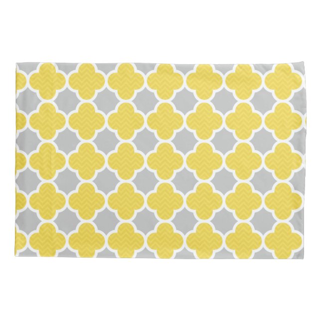 Yellow & Gray Quatrefoil Geometric Pattern Pillowcase (Back)