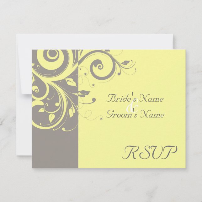 Yellow, Gray Reverse Swirl Wedding Matching RSVP Card (Front)