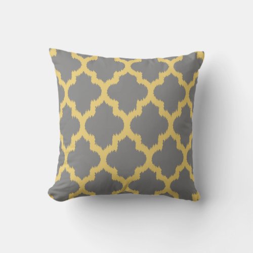 Yellow  Gray Reversible Ikat Quatrefoil Pattern Throw Pillow