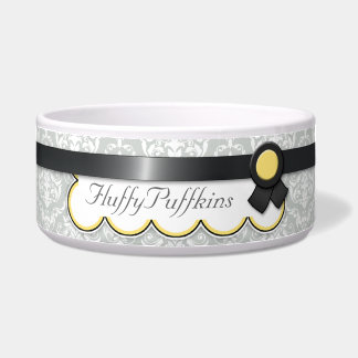 Yellow & Gray Ribbon Design Damask Dog Bowl