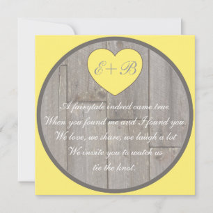 Yellow gray rustic heart rhyming wedding invites