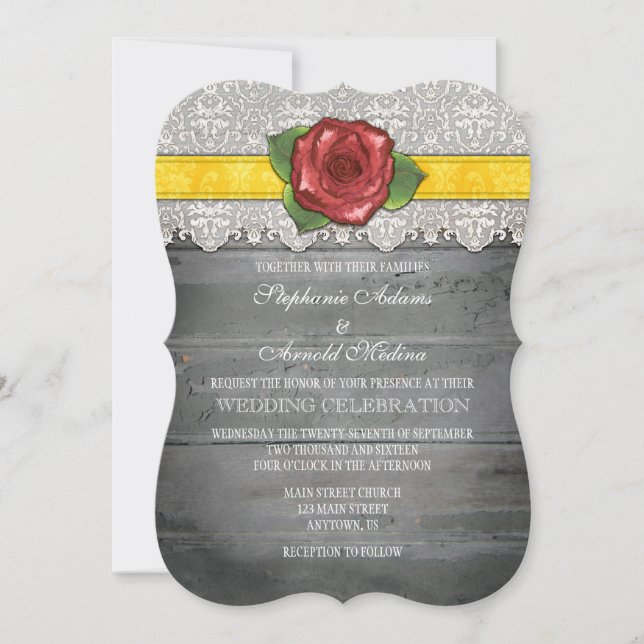 Yellow Gray Rustic Wood Rose Wedding Invite (Front)