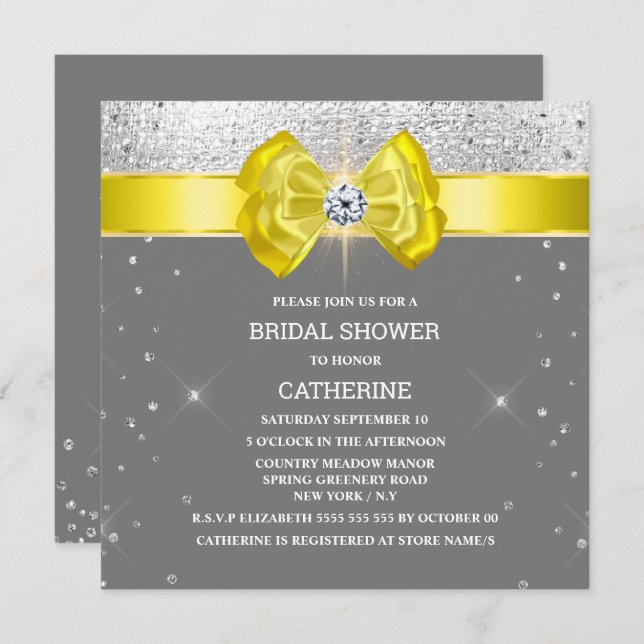 Yellow gray silver glitter bow elegant sparkle invitation (Front/Back)