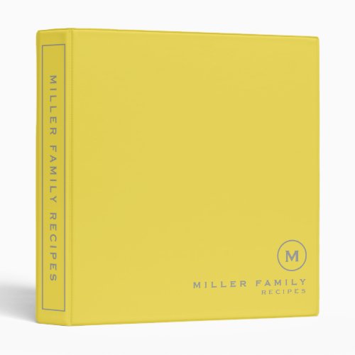 Yellow  Gray Simple Monogram Family Recipe 3 Ring Binder