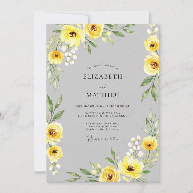 Yellow Gray Sophisticated Botanical Wedding Invitation (Front)