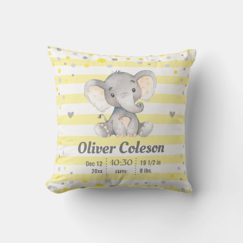 Yellow Gray Striped Elephant Baby Stats Nursery Throw Pillow