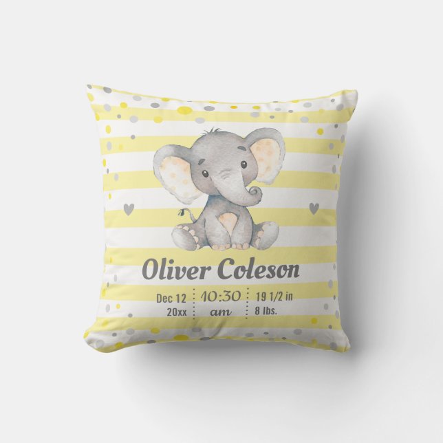 Yellow Gray Striped Elephant Baby Stats Nursery Throw Pillow (Front)