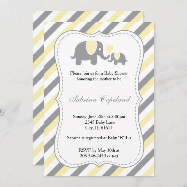 Yellow & Gray Stripes Baby Elephant | Baby Shower Invitation (Front/Back)