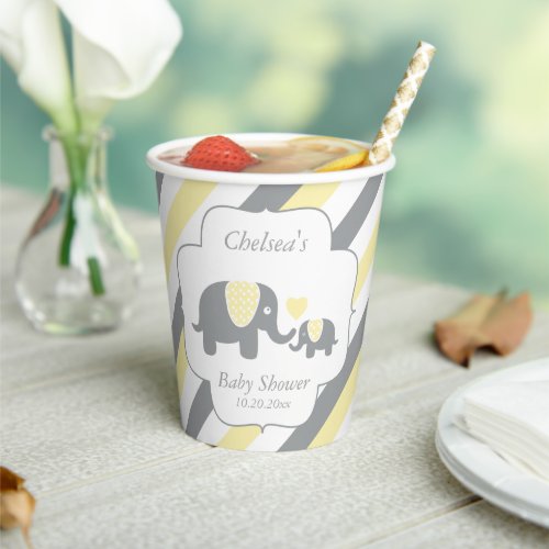 Yellow  Gray Stripes Baby Elephant  Baby Shower  Paper Cups