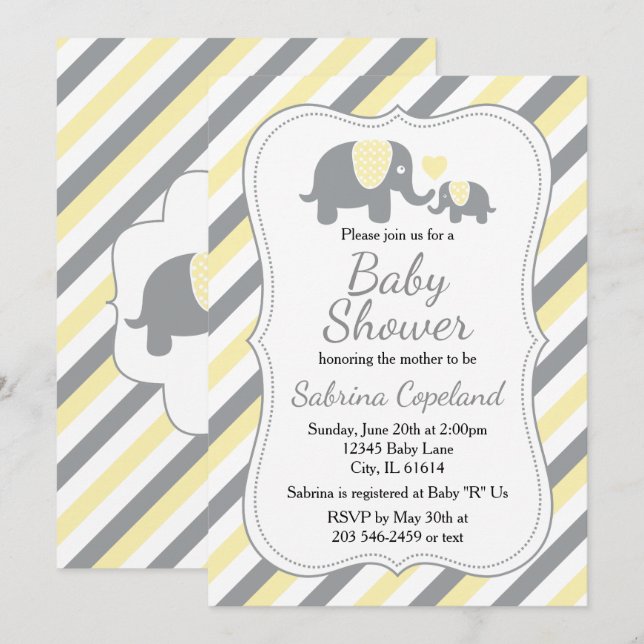 Yellow & Gray Stripes Elephant  | Baby Shower Invitation (Front/Back)
