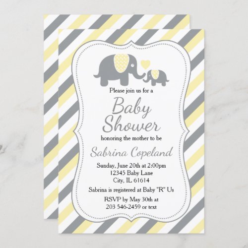 Yellow  Gray Stripes Elephant   Baby Shower Invitation