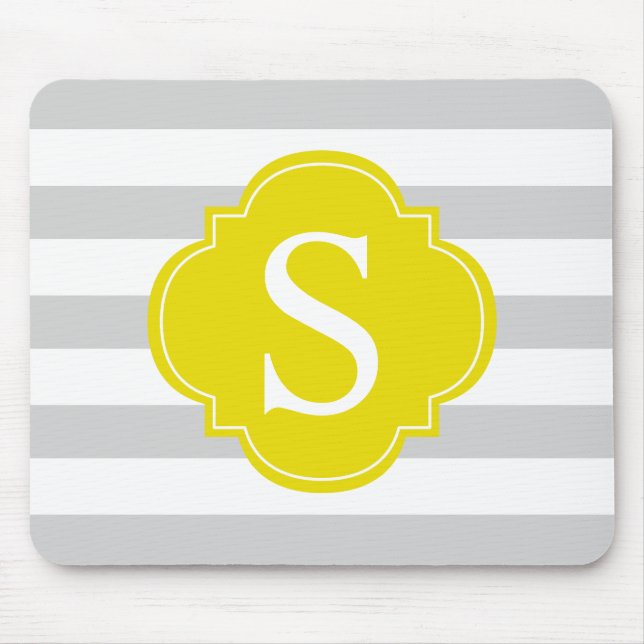 Yellow Gray Stripes Monogram Mouse Pad (Front)