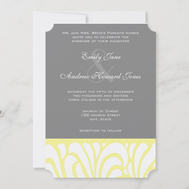 Yellow & Gray Swirl Pattern Wedding Invitation (Front)