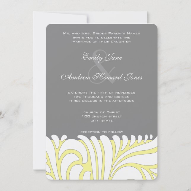 Yellow & Gray Swirl Pattern Wedding Invitation (Front)
