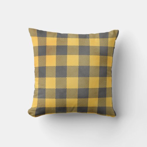 Yellow Gray Tattersall Plaid Pattern Throw Pillow