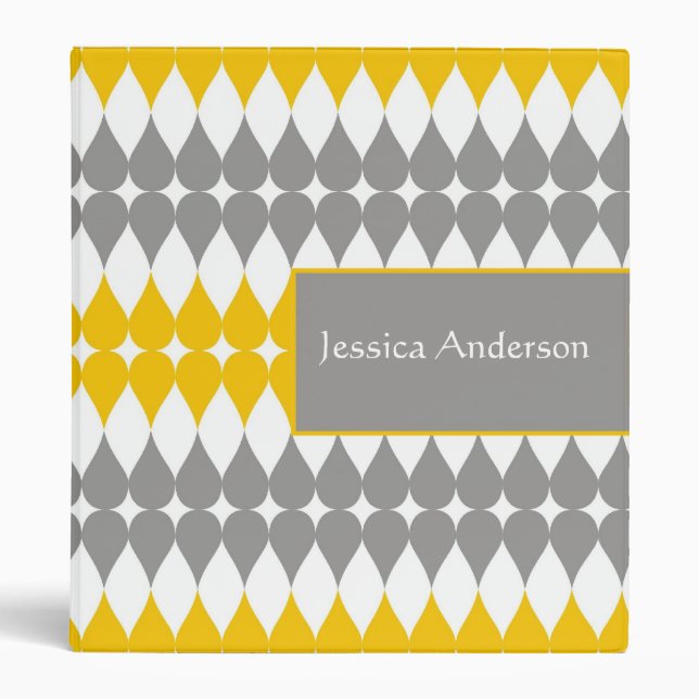 Yellow Gray Teardrop Pattern Custom Name 3 Ring Binder (Front)