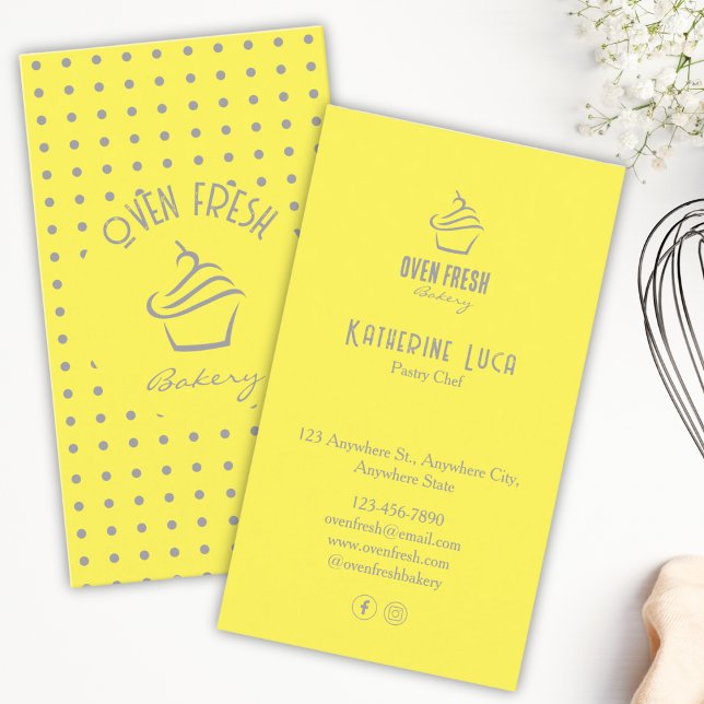 Yellow Gray Text Dots Cupcake Bakery  Business Card (Creator Uploaded)