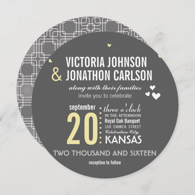 Yellow Gray Trendy Geometric Typography Wedding Invitation (Front/Back)