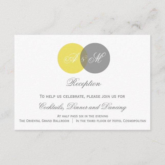 Yellow & Gray Twin Monogram Wedding Reception Card (Front)