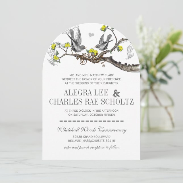 Yellow & Gray Vintage Birds Wedding Invite (Standing Front)
