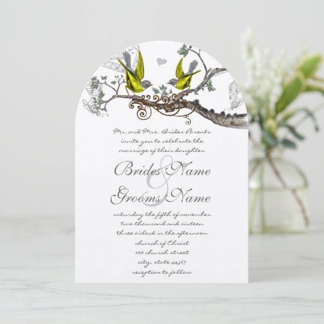 Yellow & Gray Vintage Birds Wedding Invite (Standing Front)