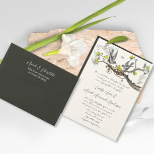 Yellow & Gray Vintage Love Birds Wedding  Invitation
